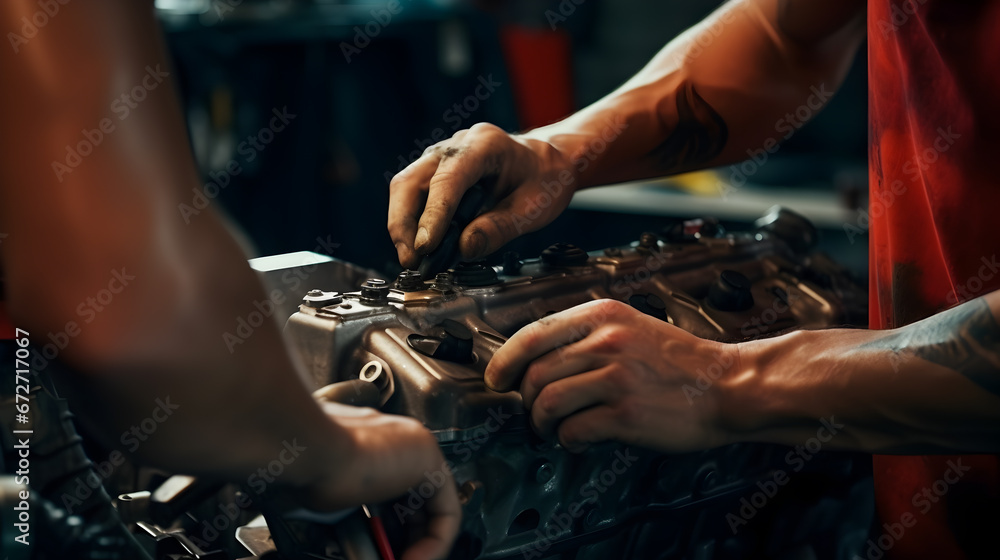 Auto mechanic repairing car,  Mechanic Working on a Vehicle in a Car Service. Professional Repairman is Wearing Gloves and Using a Ratchet Underneath the Car. Modern Clean Workshop.