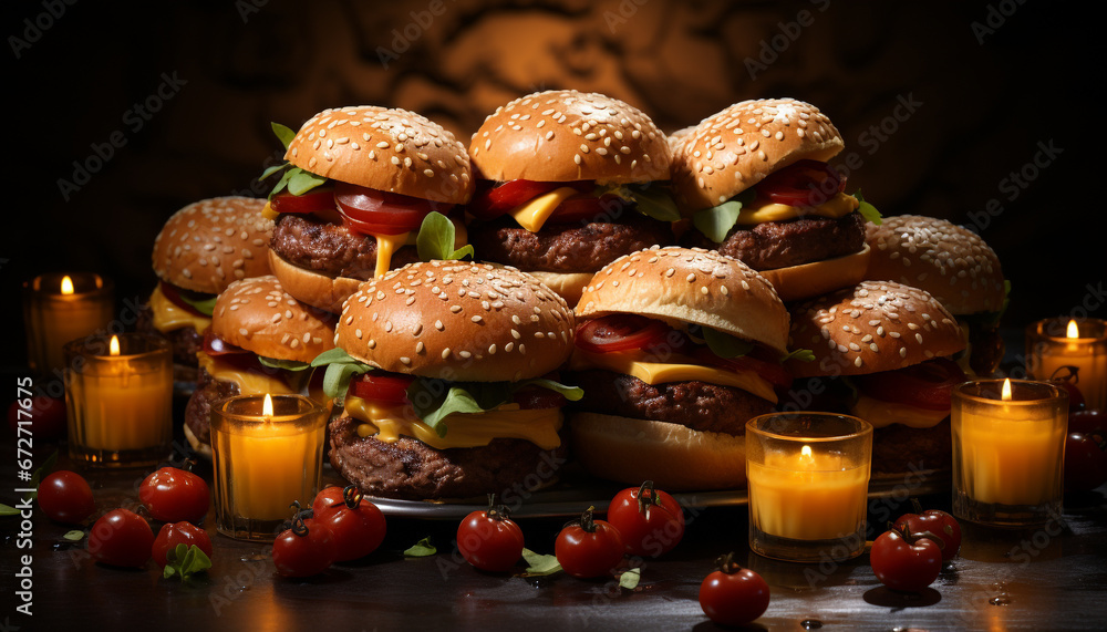 Grilled cheeseburger on a wooden table, American culture and freshness generated by AI