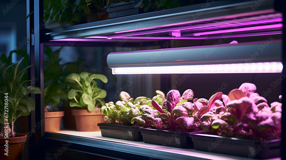 Research in organic, hydroponic vegetables plots growing on indoor vertical farm	 