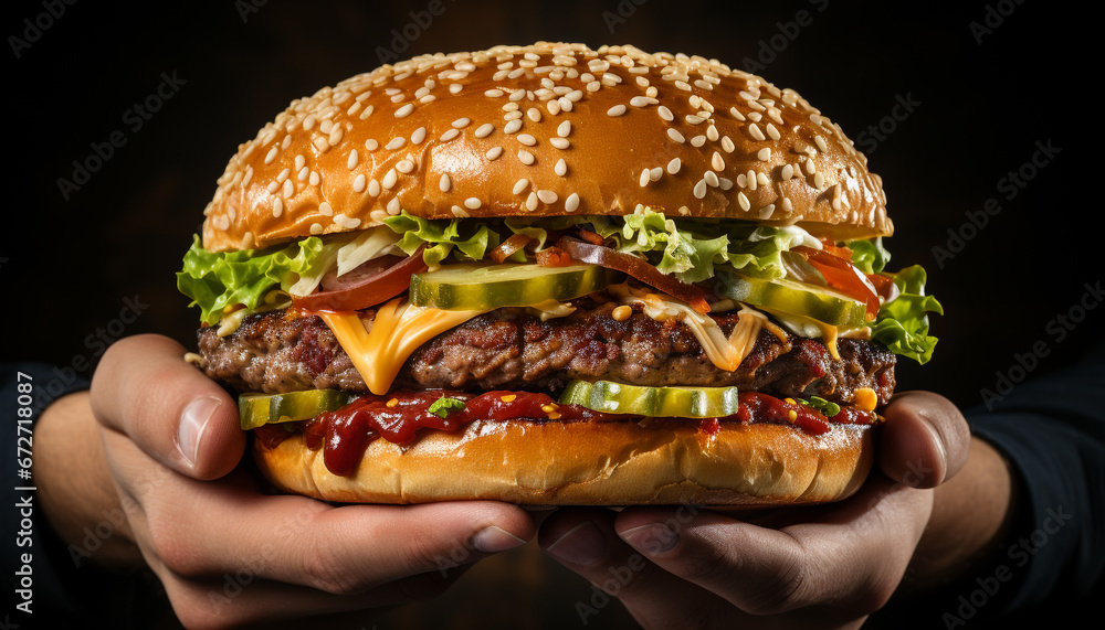 Grilled cheeseburger, fresh bun, homemade, ready to eat, rustic meal generated by AI