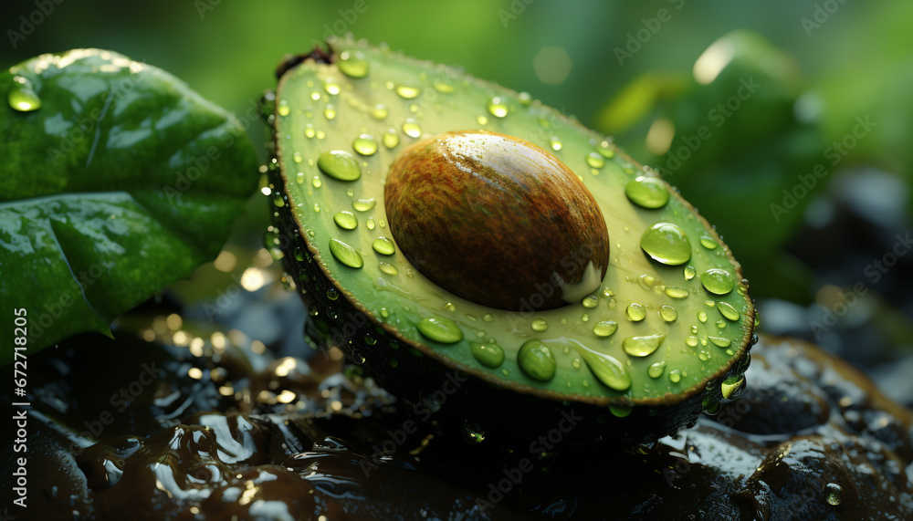 Fresh green leaf with water drop, nature refreshing beauty generated by AI