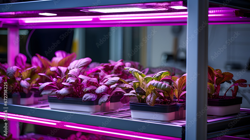 Research in organic, hydroponic vegetables plots growing on indoor vertical farm	 