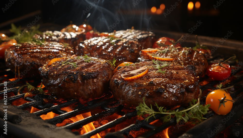 Grilled steak, cooked to perfection, sizzling on the barbecue generated by AI