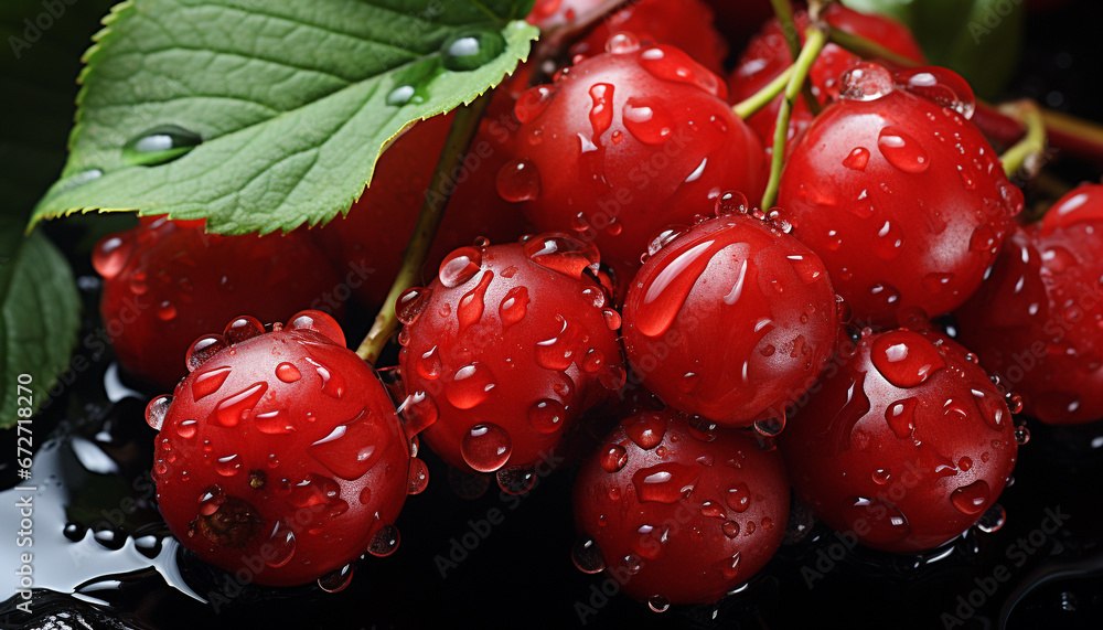 Juicy berry drop reflects freshness and beauty in nature generated by AI