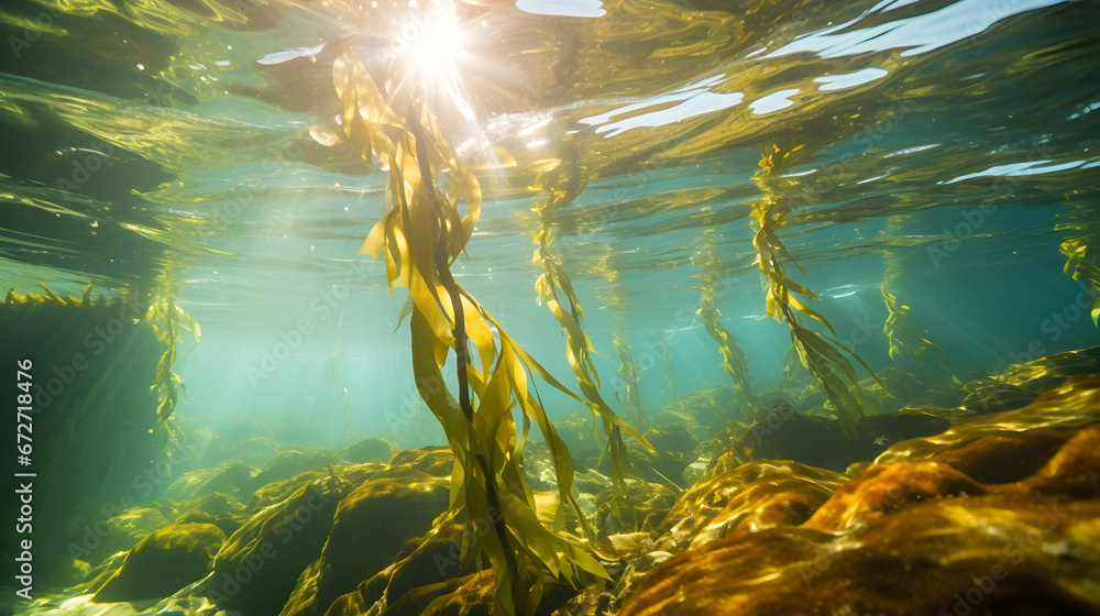 underwater scene with sun rays, underwater scene with reef and fishes, Tranquil underwater scene with copy space,Nature habitat underwater