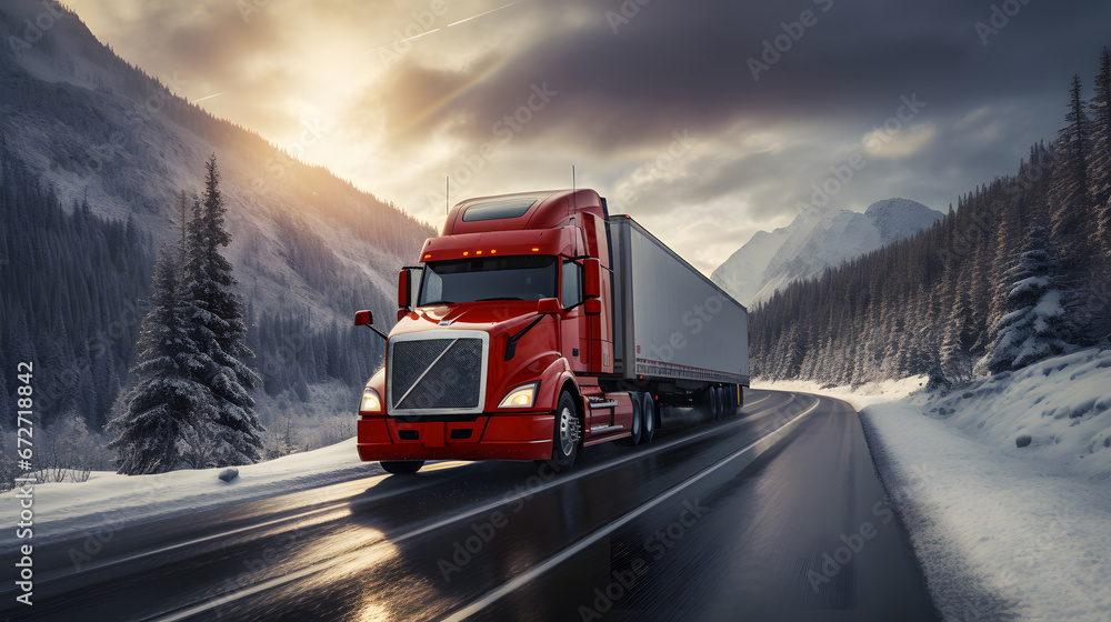 A large truck transports cargo during a winter storm.