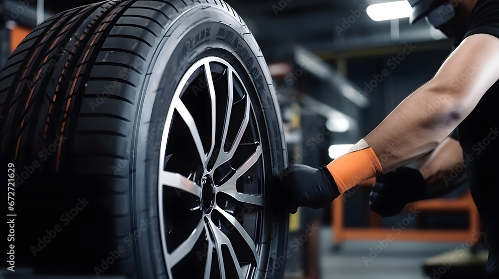 tire at repairing service garage background. Technician man replacing winter and summer tire for safety road trip. Transportation and automotive maintenance concept, auto repair shop