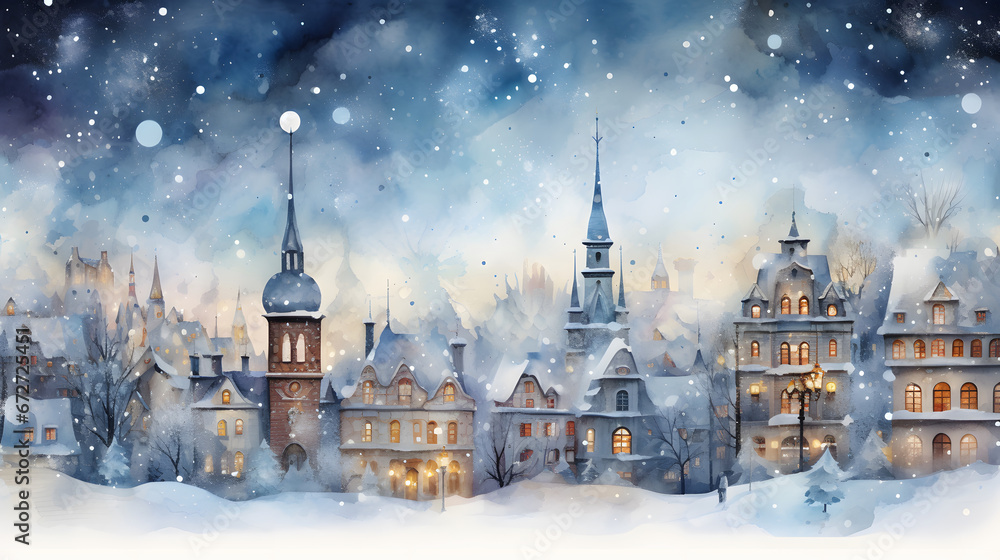 watercolor village santa, Winter or Christmas landscape, fairy tale town, colorful tale houses,. Wonderland, Christmas village , Winter Holidays. New Year