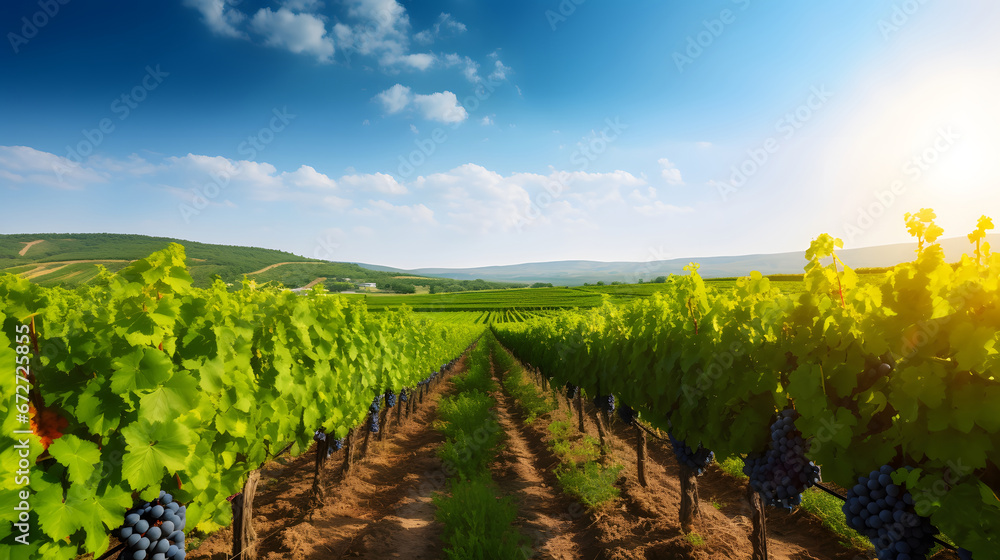 Vineyards at sunny day in autumn harvest. Ripe grapes in fall.