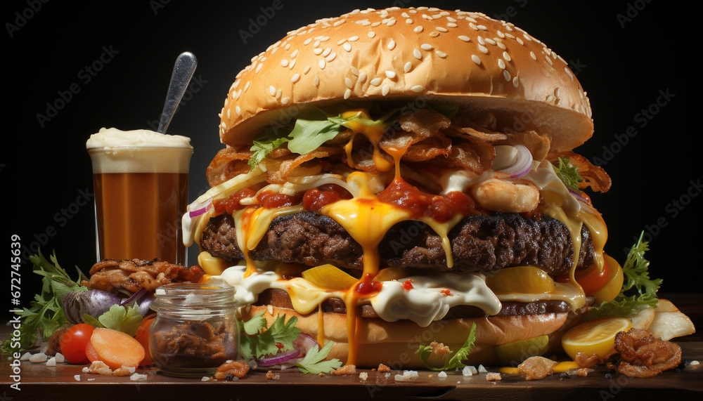 Grilled cheeseburger with fresh tomato, onion, and French fries generated by AI