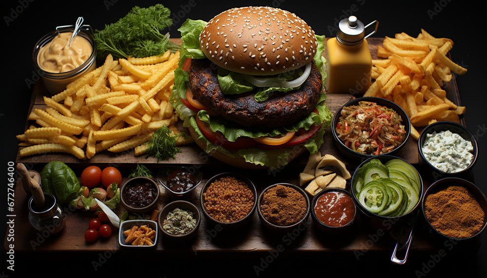 Grilled beef burger with fresh tomato on a sesame bun generated by AI