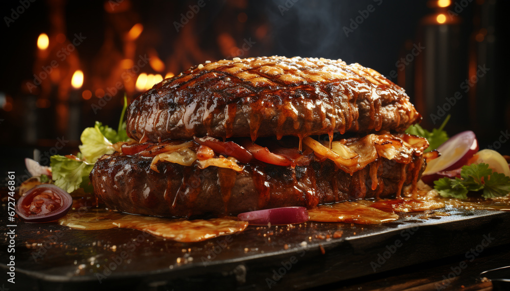 Grilled meat on dark plate, ready to eat, savory sauce generated by AI