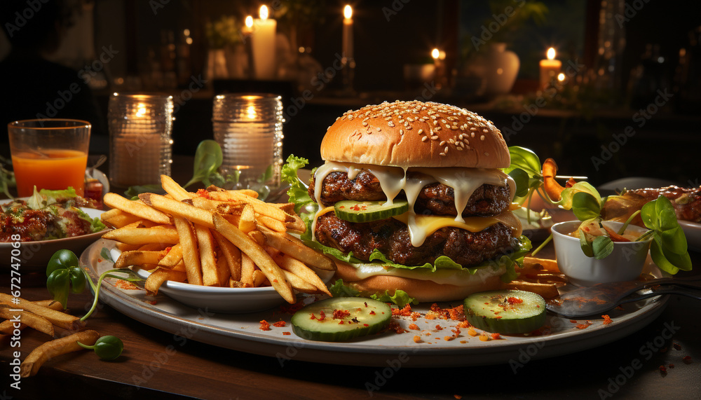 Grilled burger with cheese, fries, and fresh vegetables on plate generated by AI