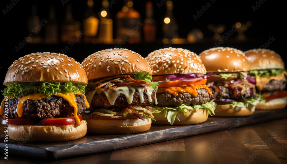 Grilled beef burger with cheese, onion, and tomato on bun generated by AI