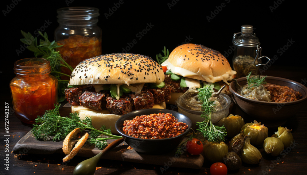 Freshness on a rustic wooden table grilled meat, burger, fries generated by AI