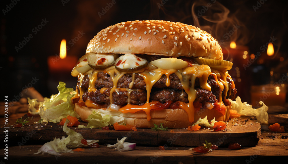 Grilled gourmet burger on wooden table, ready to eat homemade meal generated by AI