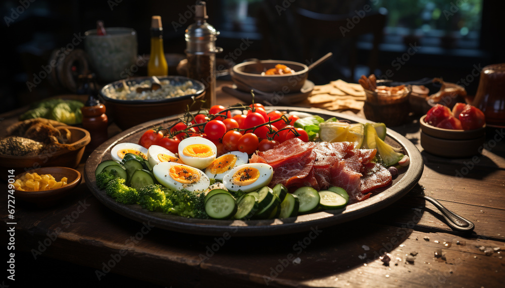 Grilled meat and vegetables on a rustic wooden table generated by AI