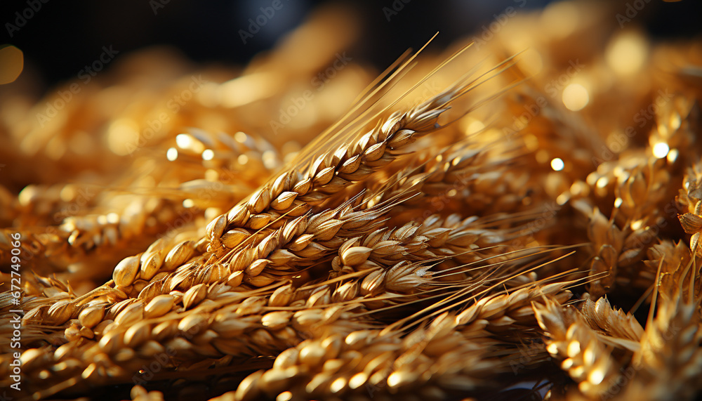 Fresh, ripe wheat spikes on golden meadow, nature healthy breakfast generated by AI