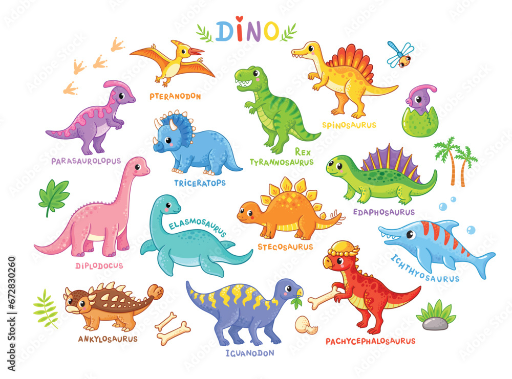 Vector set with dinosaurs in cartoon style. Collection of dinosaurs on.