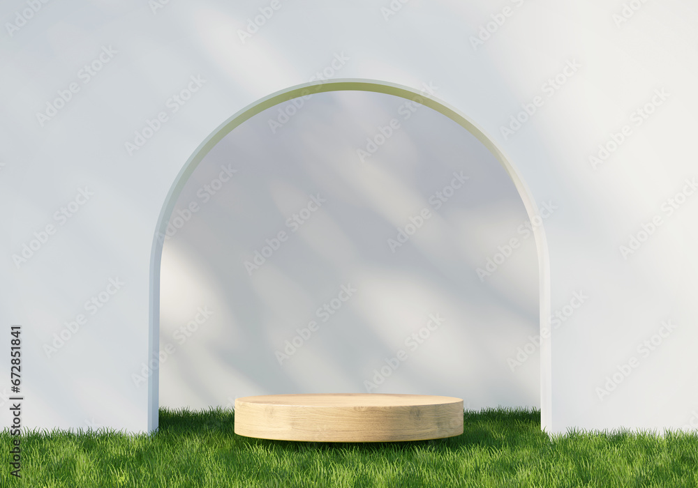 3D rendering platform podium with grass plant product presentation background