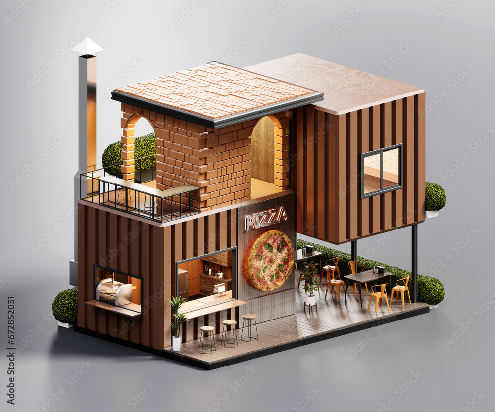 Isometric view minimal pizza restaurant container store exterior architecture, 3d rendering digital art.