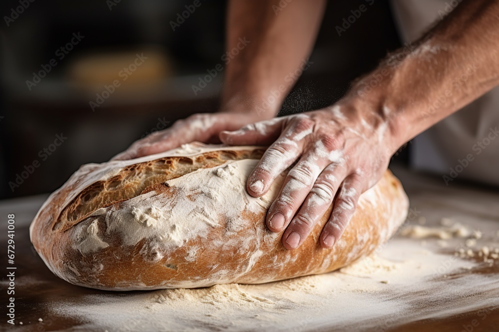 Handsome bakers hands dusting flour on a wooden surface before rolling out dough, Flour preparation, Culinary process, Generative Ai 