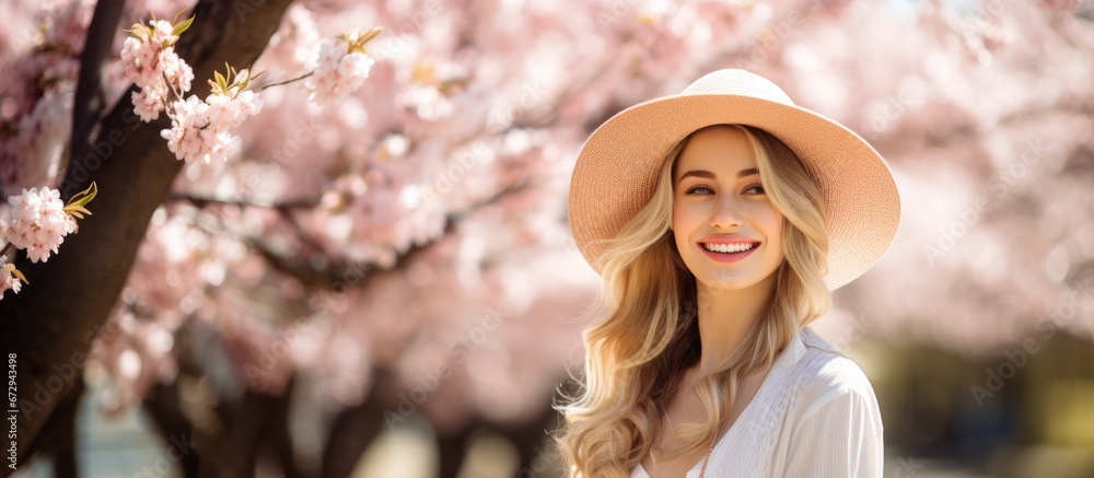 A stunning youthful lady relishing a sunlit day in the park while cherry blossoms bloom on a pleasant spring day