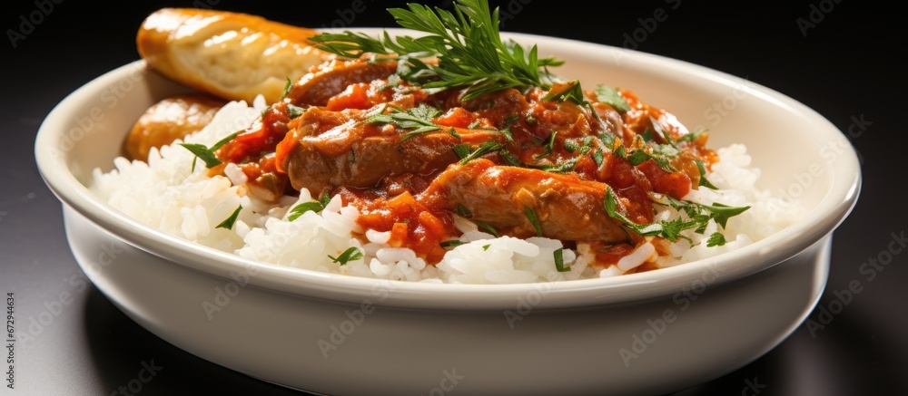 A dish made of sardines in tomato sauce served with plain white rice