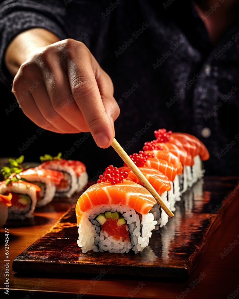 Hands skillfully lifting a sushi roll using chopsticks above a bamboo table, Sushi, Chopsticks, Lifting, Sushi roll, Bamboo table, Generative Ai 