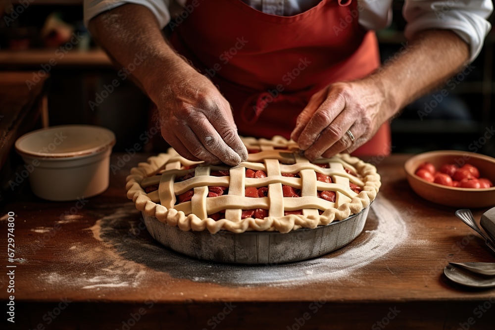 Handsome baker carefully placing a lattice pie crust on top of a fruity pie filling, christmas cake preparation,Generative Ai 