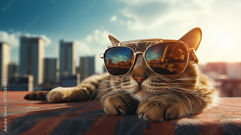 a cat with fashion sunglasses , is lying On the roof , 