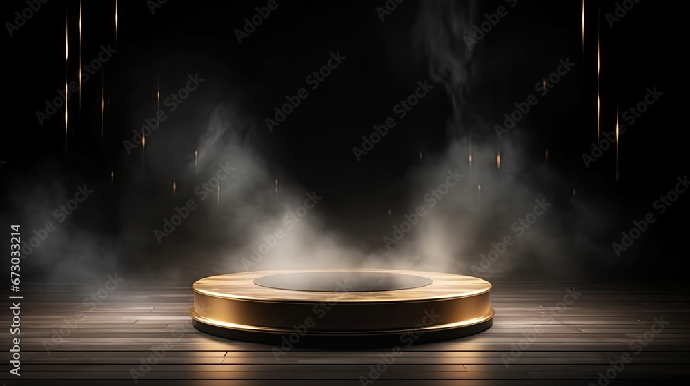 luxury Gold podium on dark background with smoke. Empty pedestal for award ceremony. Studio Scene For mock up, minimal product design,3D rendering