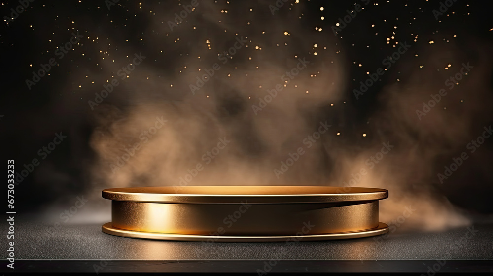 luxury Gold podium on dark background with smoke. Empty pedestal for award ceremony. Studio Scene For mock up, minimal product design,3D rendering