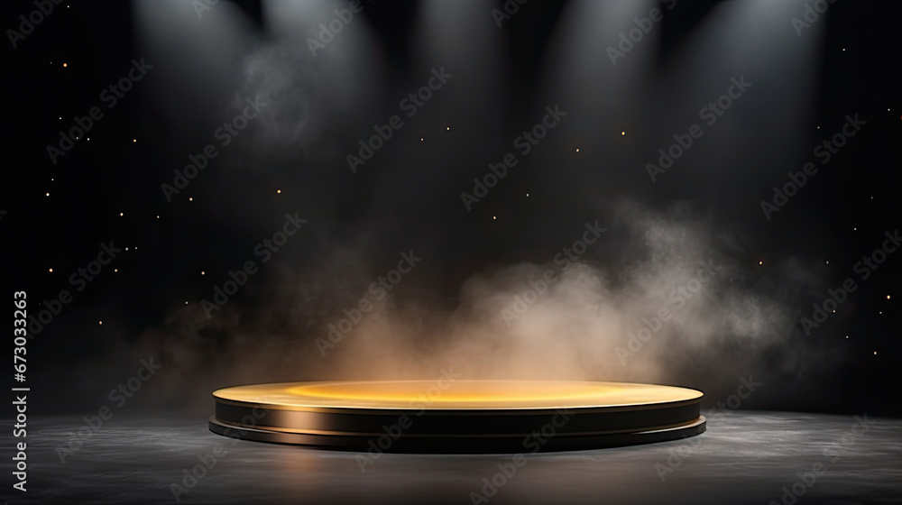 luxury Gold podium on dark background with smoke. Empty pedestal for award ceremony. Studio Scene For mock up, minimal product design,3D rendering