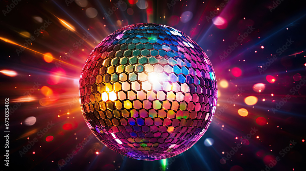 disco ball with lights, Glare and light reflection effect. Copy space.