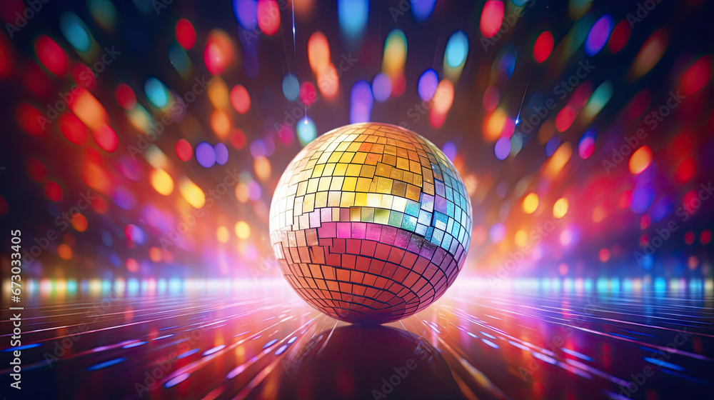 disco ball with lights, Glare and light reflection effect. Copy space.