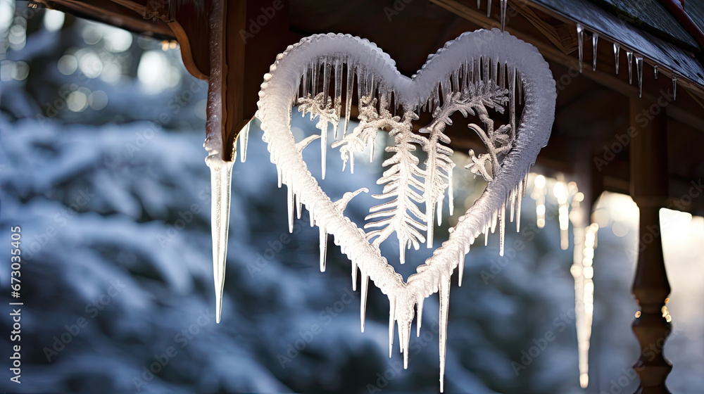 closeup of icicles shaping a heart, hanging from a hut roof, winter wonderland,