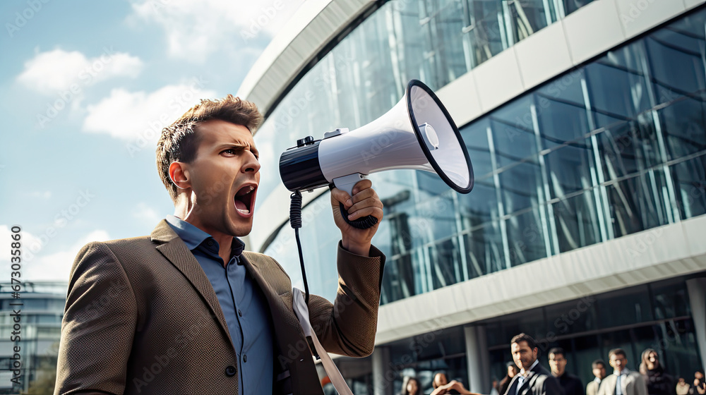 businessman shouting through a megaphone outside in front of office building,