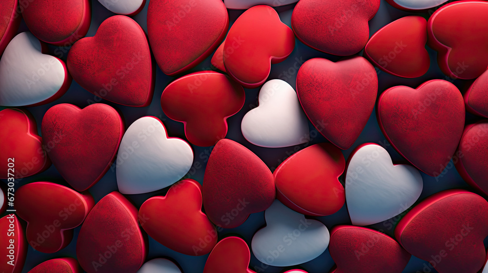 close up of pills,heart shaped pills, red white pills background, sugar heart 3d