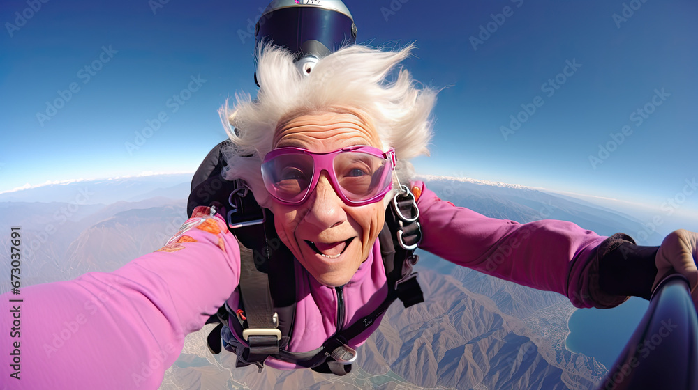 happy Old woman taking selfie shot while sky diving