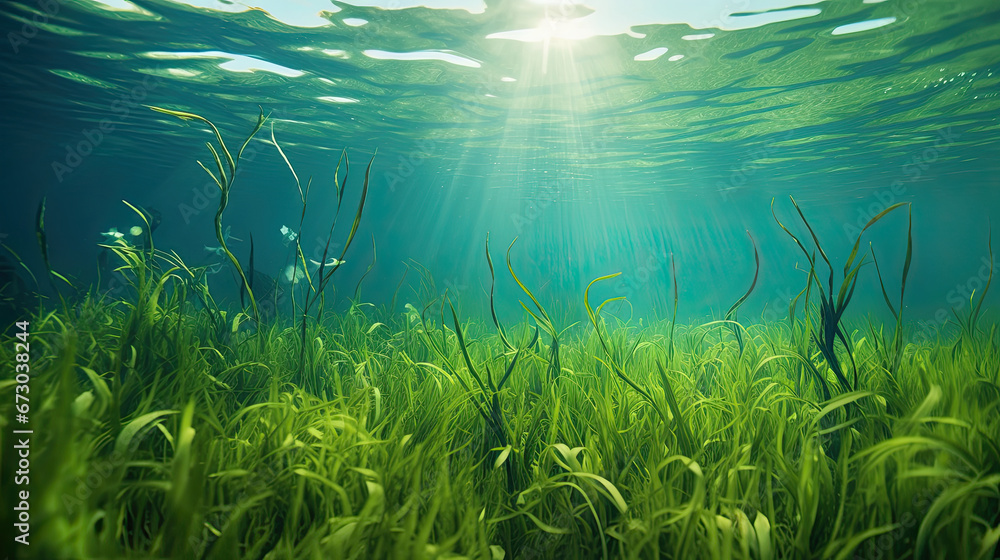 green grass and water, Underwater view of a group of seabed with green seagrass