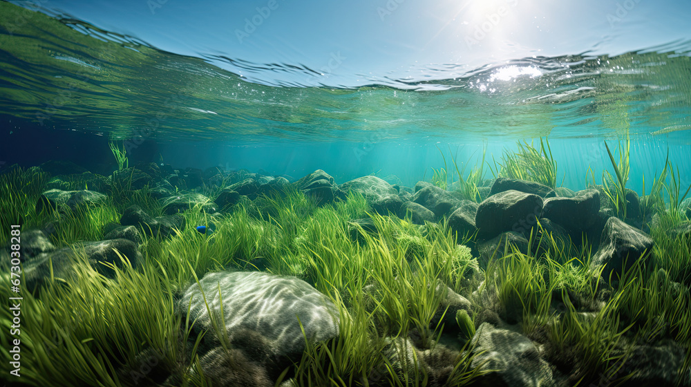 green grass and water, Underwater view of a group of seabed with green seagrass