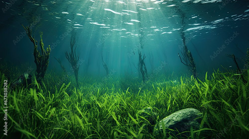 green grass and water, Underwater view of a group of seabed with green seagrass