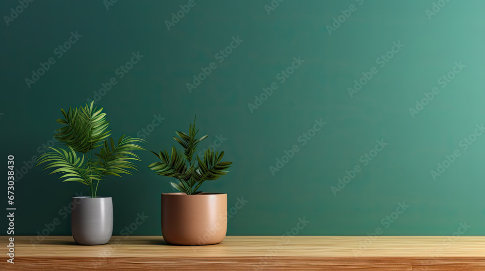 green plant on the woofen table on green wall background,  design for product presentation background. mock up,Minimal cozy counter mockup