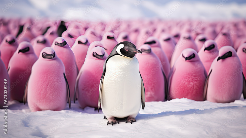 pink penguins on the beach with one white penguin, diferent, diversity concept