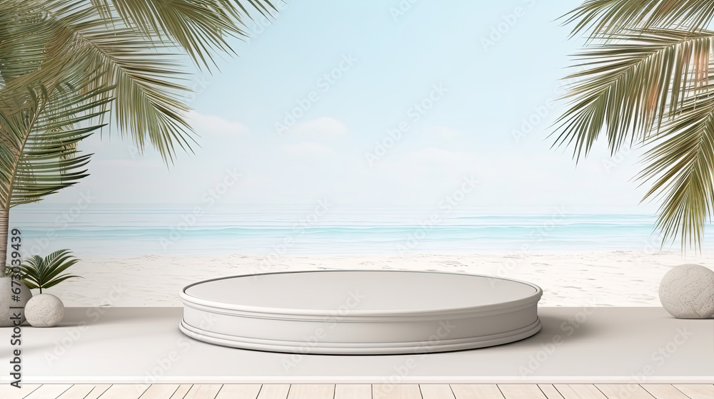 Summer tropical background, white Podium on sand beach on sea background, Mock up for the exhibitions, Presentation of products, 3d render.