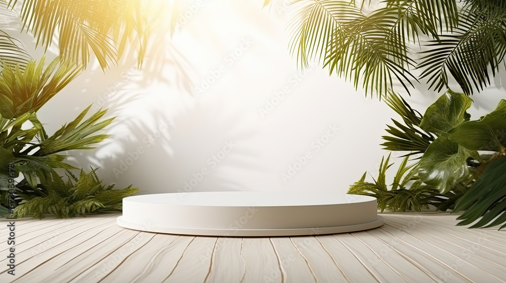 Summer tropical background, white Podium on sand beach on sea background, Mock up for the exhibitions, Presentation of products, 3d render.