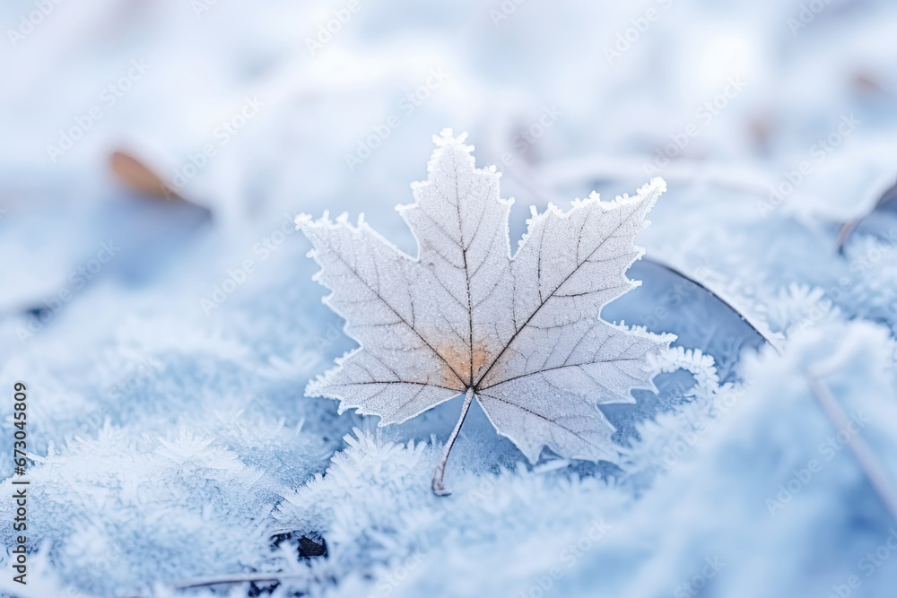 Beautiful winter background with a leaf covered with hoarfrost in nature in the snow,,Winter Christmas background