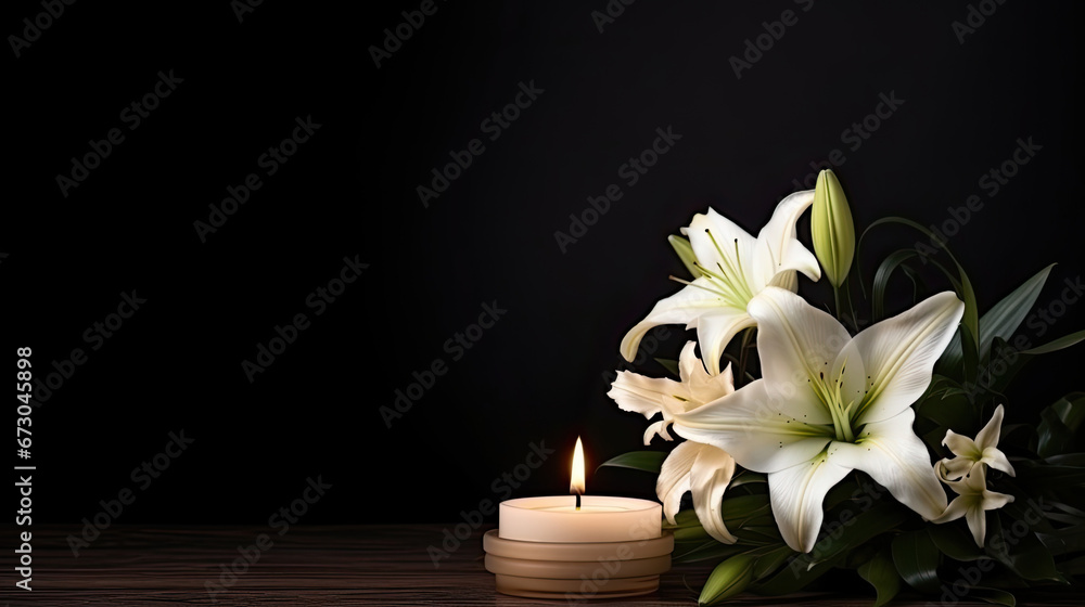 Beautiful lily and burning candle on dark background with space for text