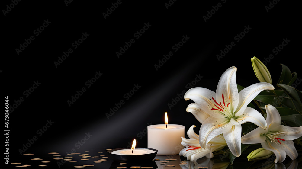 Beautiful lily and burning candle on dark background with space for text